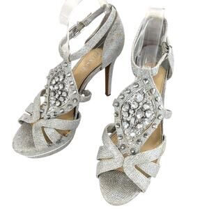 GIANNI BINI! SILVER TEXTURED LAME PLATFORM STILETTO SANDALS, HEELS! SZ 8M